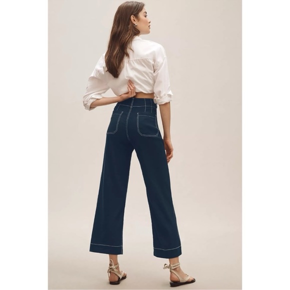 New Anthropologie The Colette Linen Crop Wide-Leg Pants Maeve Navy Contrast 26 - Picture 12 of 12
